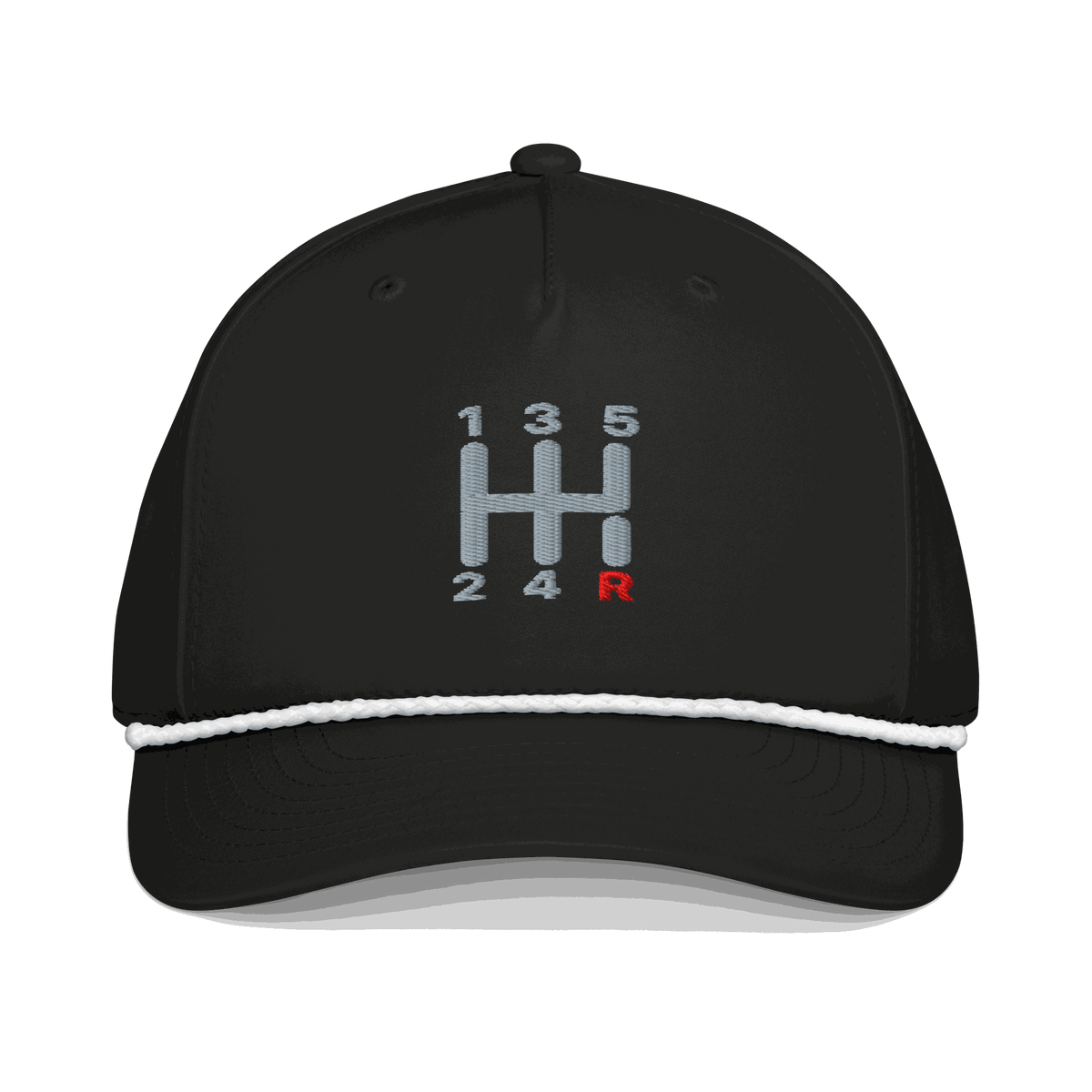 Black embroidered automotive steering wheel hat with manual transmission shift pattern design and white rope detail on curved visor