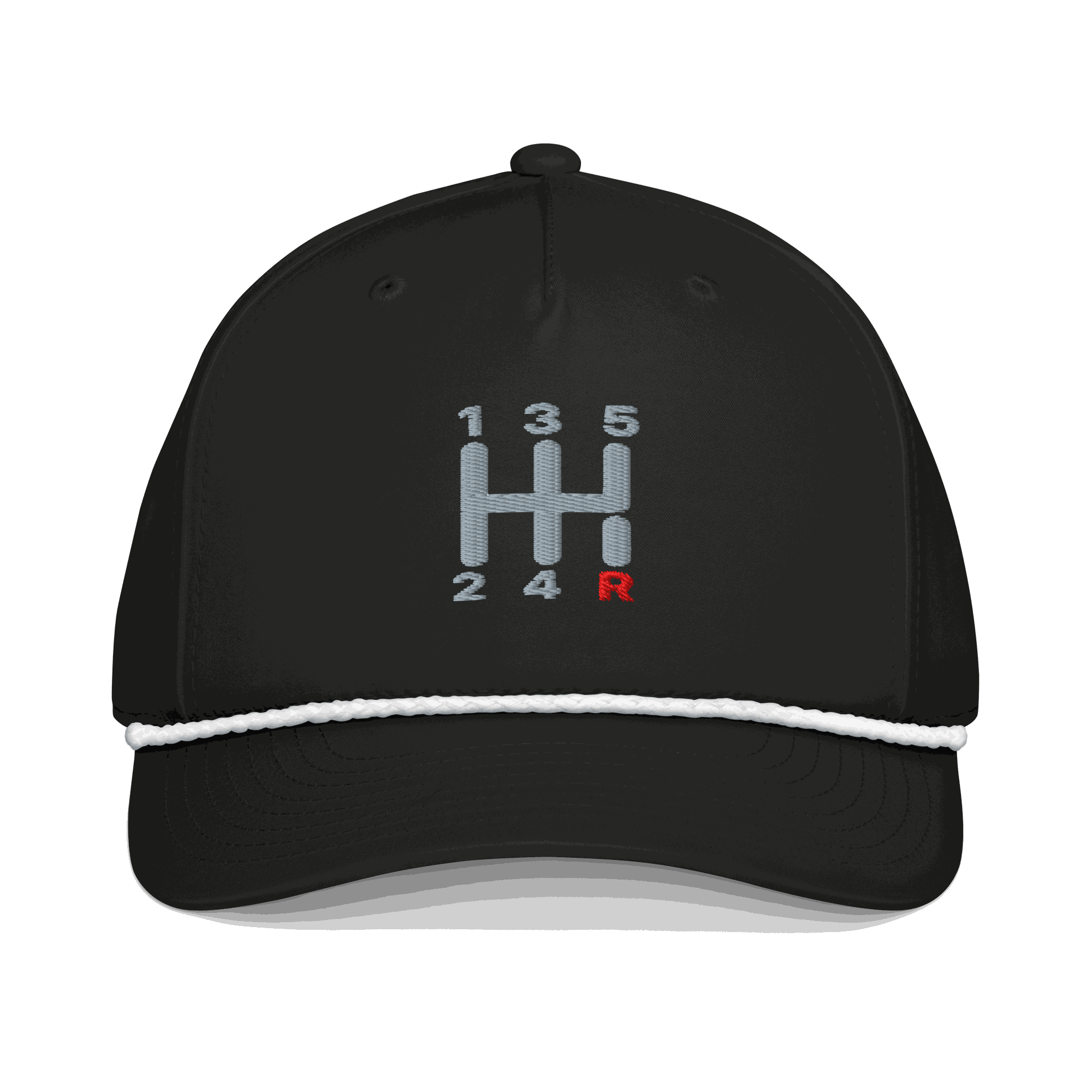 Black embroidered automotive steering wheel hat with manual transmission shift pattern design and white rope detail on curved visor
