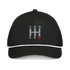 Black manual transmission automotive hat with embroidered stick shift design and white braided rope on bill