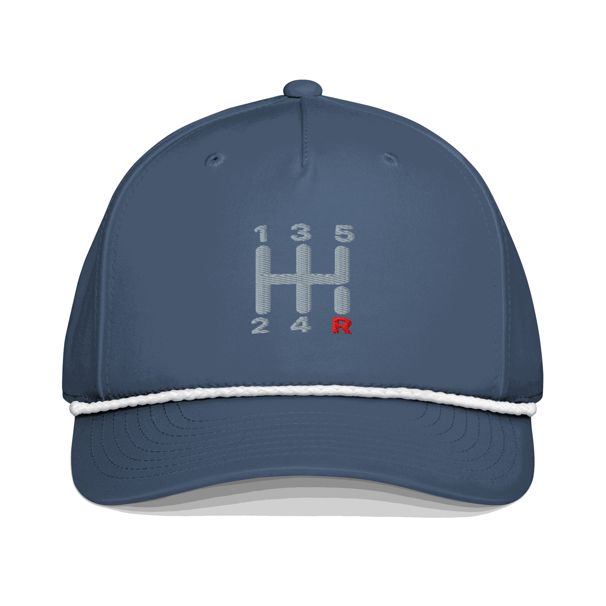 Navy embroidered automotive steering wheel hat with manual transmission shift pattern design and curved visor