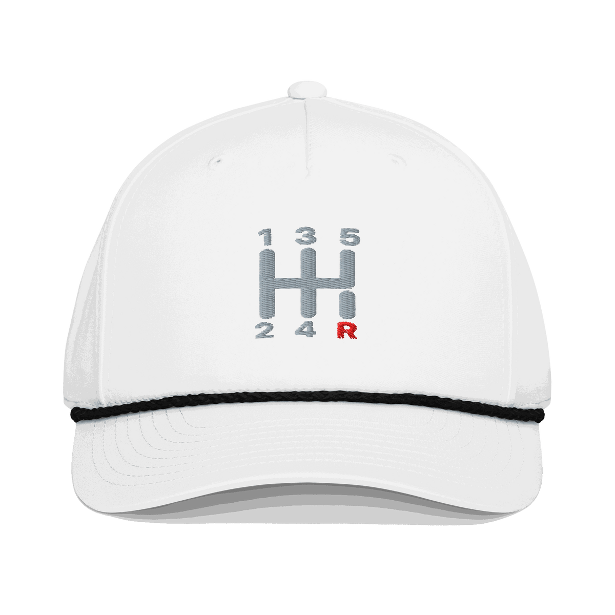 White embroidered automotive steering wheel hat with manual transmission shift pattern design on front