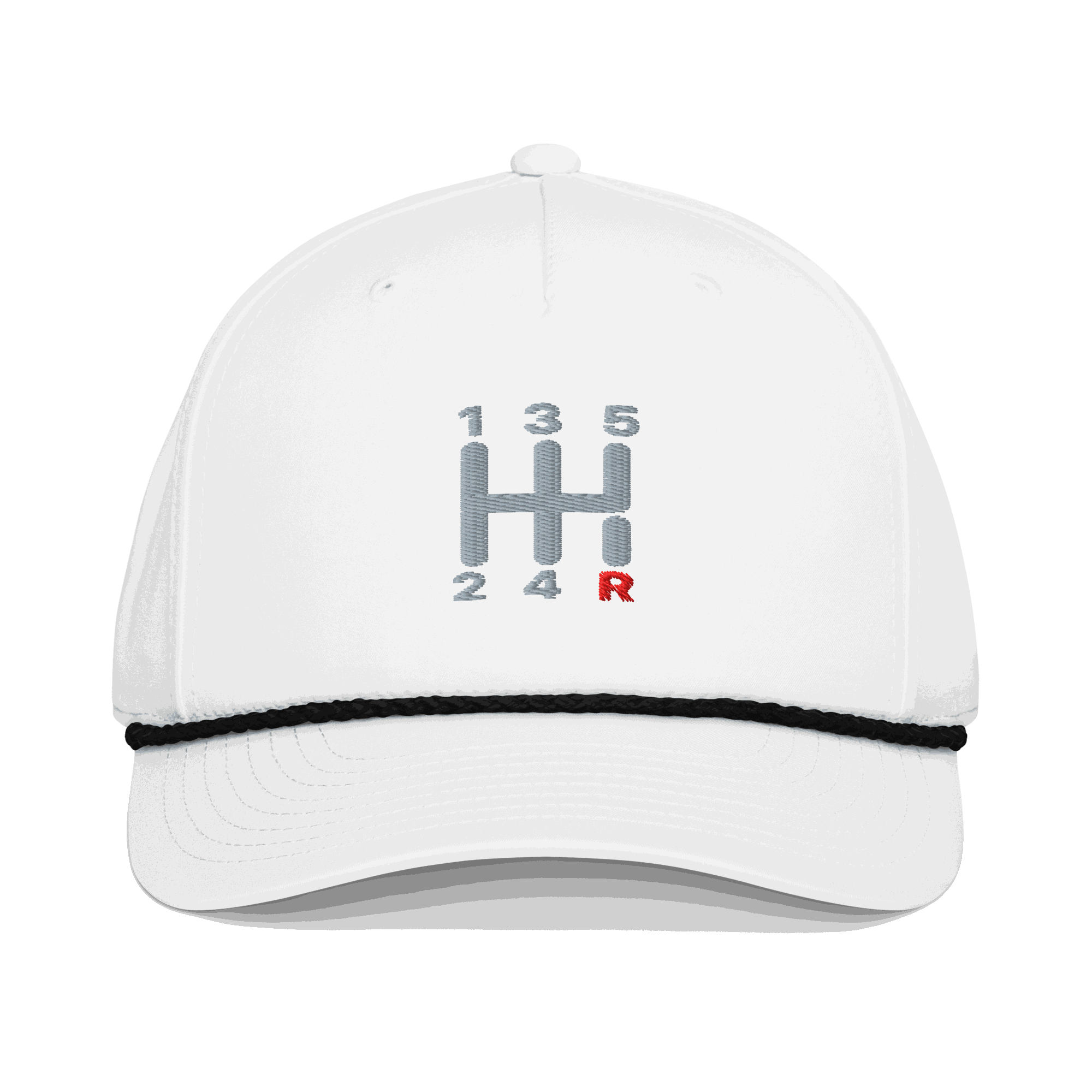 White embroidered automotive steering wheel hat with manual transmission shift pattern design on front