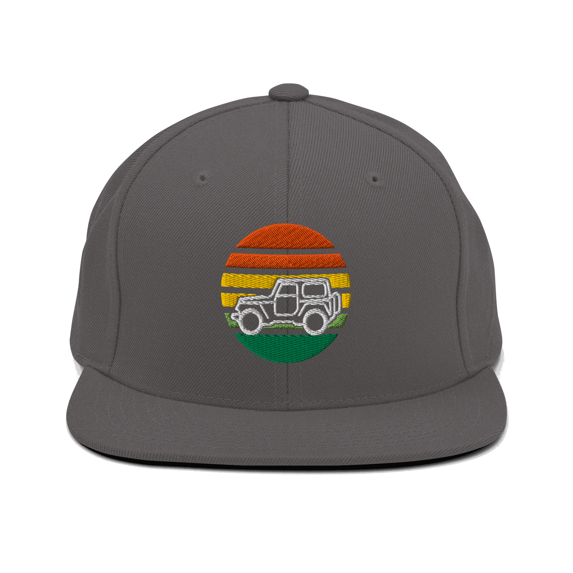 Automotive hat 4x4 embroidered retro snapback outdoors with gray fabric and vintage vehicle design