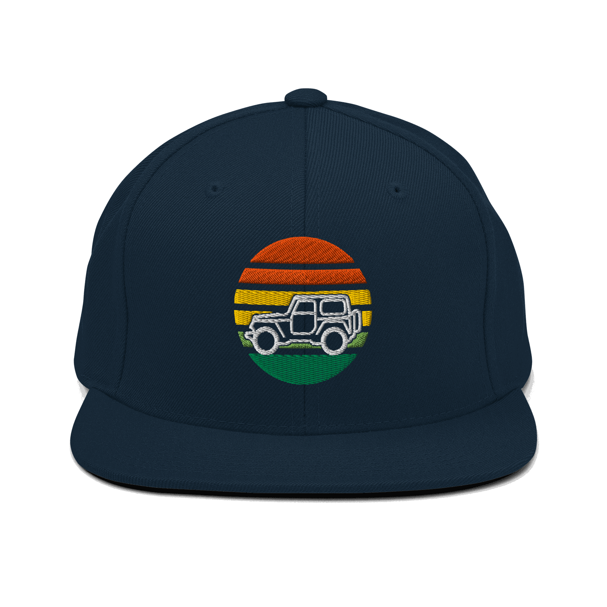 Black automotive hat with 4x4 embroidered retro jeep and sunset design, structured snapback style