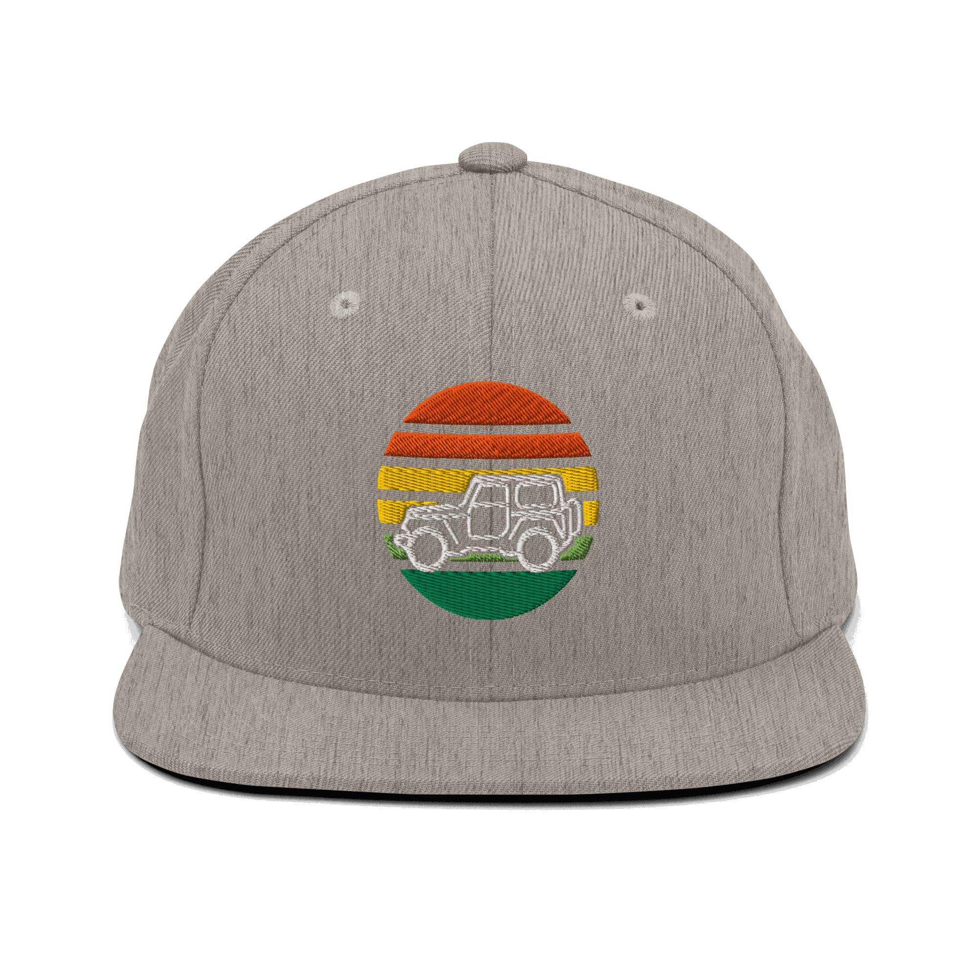 Grey 4x4 automotive hat with retro embroidered off-road vehicle design and flat brim snapback closure