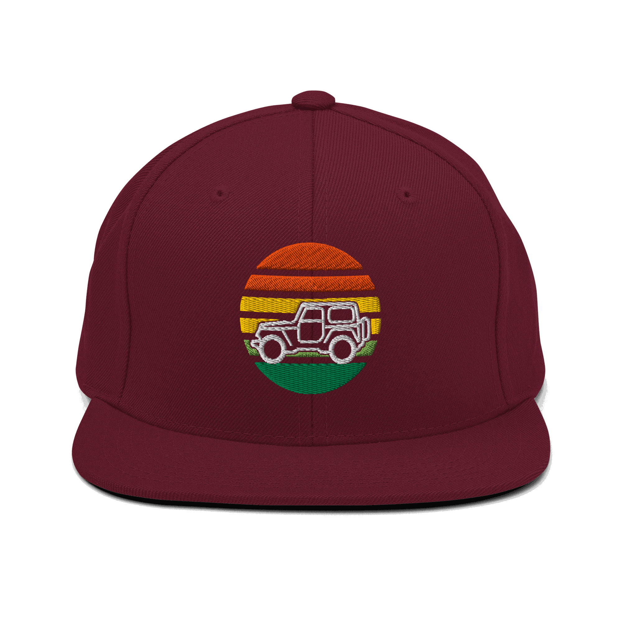Maroon automotive hat with 4x4 embroidered retro design and snapback closure