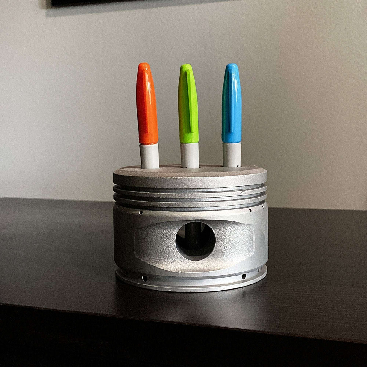 airplane engine desk accessory 1950s Continental 0-300 Cessna 172 Skyhawk piston pencil pen marker holder raw metal finish