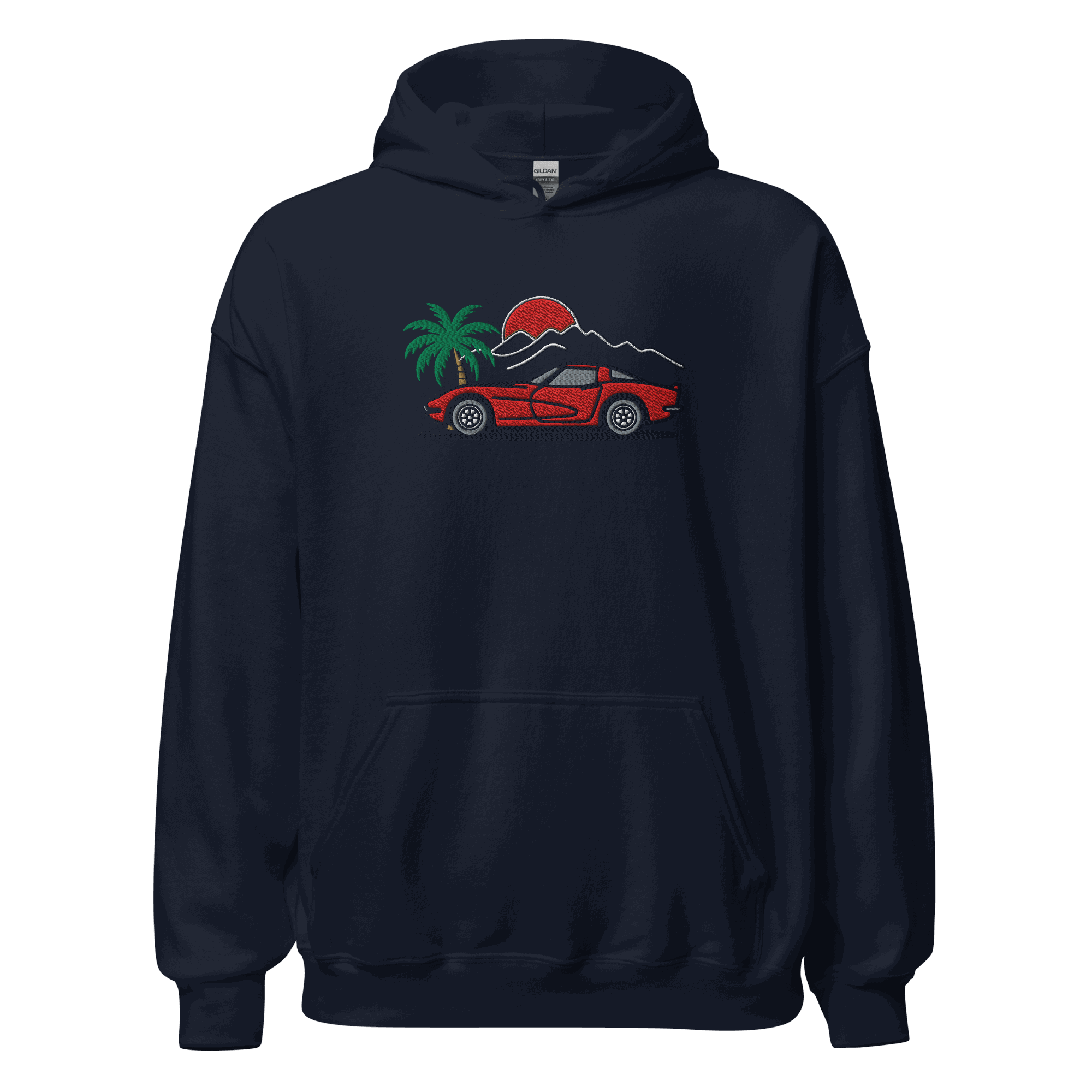 Unisex Corvette Sunset Palm Hoodie with retro sunset, palm trees, and Corvette silhouette design