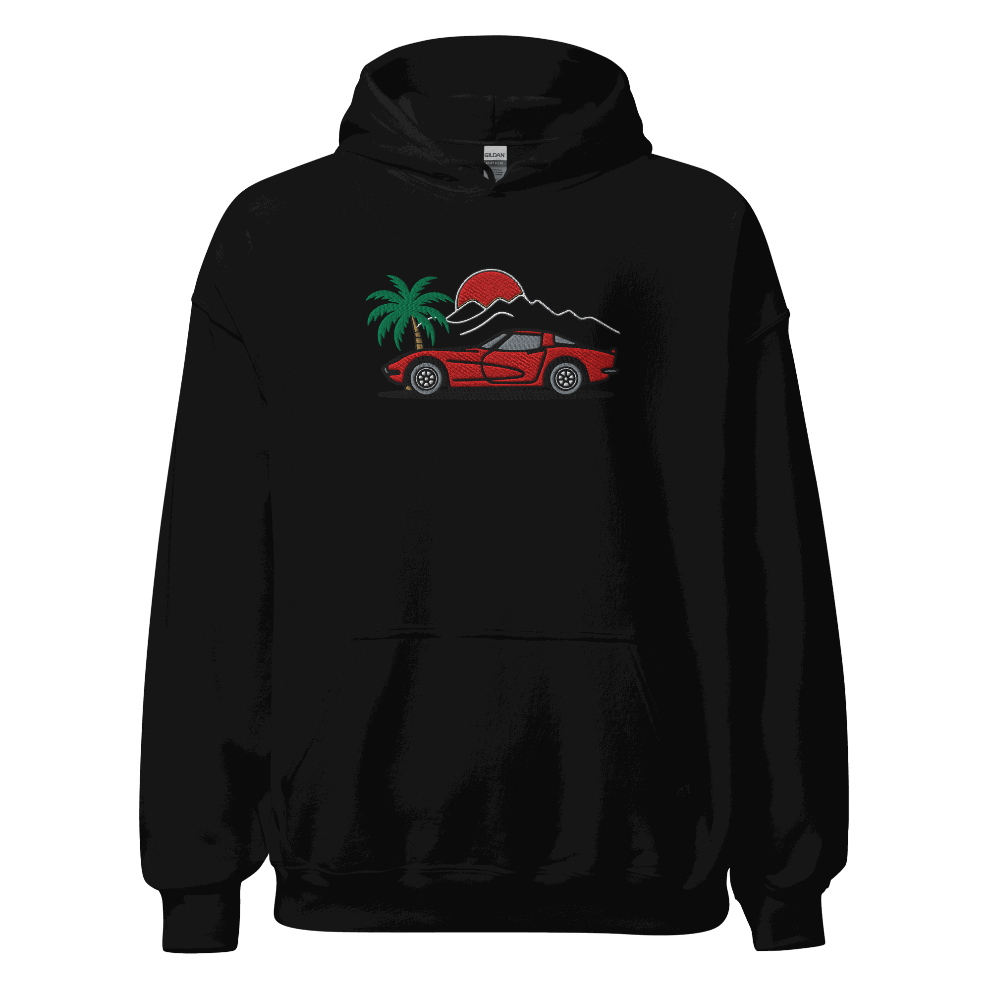 Unisex Corvette Sunset Palm Hoodie with retro sunset, palm trees, and classic Corvette silhouette design