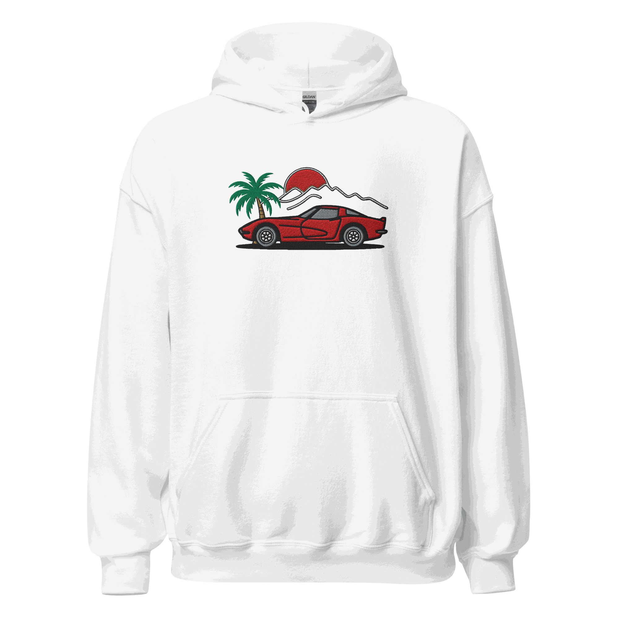 Corvette Sunset Palm Hoodie with retro sunset, palm trees, and sleek Corvette silhouette design on navy fleece pullover