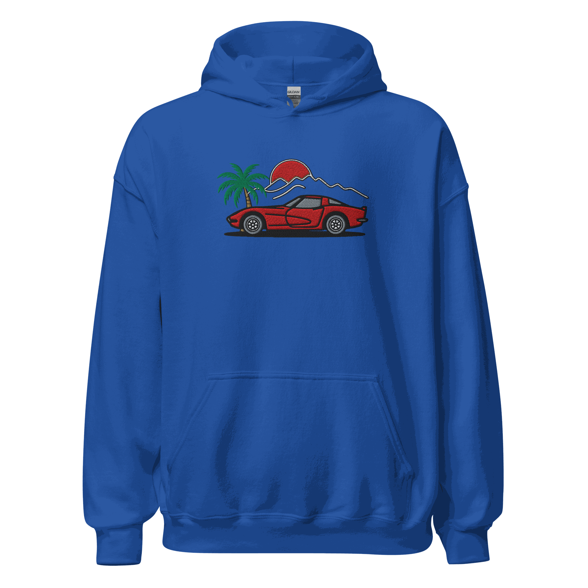 Blue unisex Corvette Sunset Palm Hoodie with red Corvette silhouette, sunset, and palm tree design on front