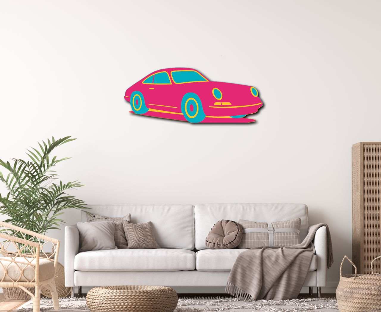 Multicolor metal sign featuring a vibrant sports car wall art in modern living room.