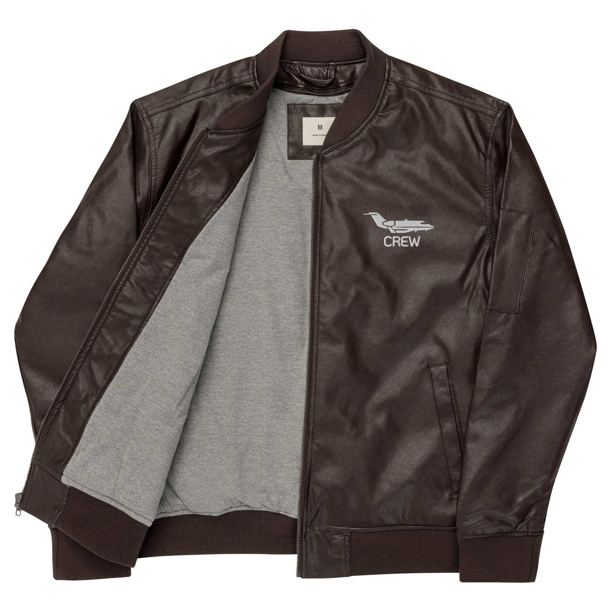 Stylish CREW Leather Bomber Jacket with rib-knit collar, side pockets, and utility sleeve pocket in black PU leather