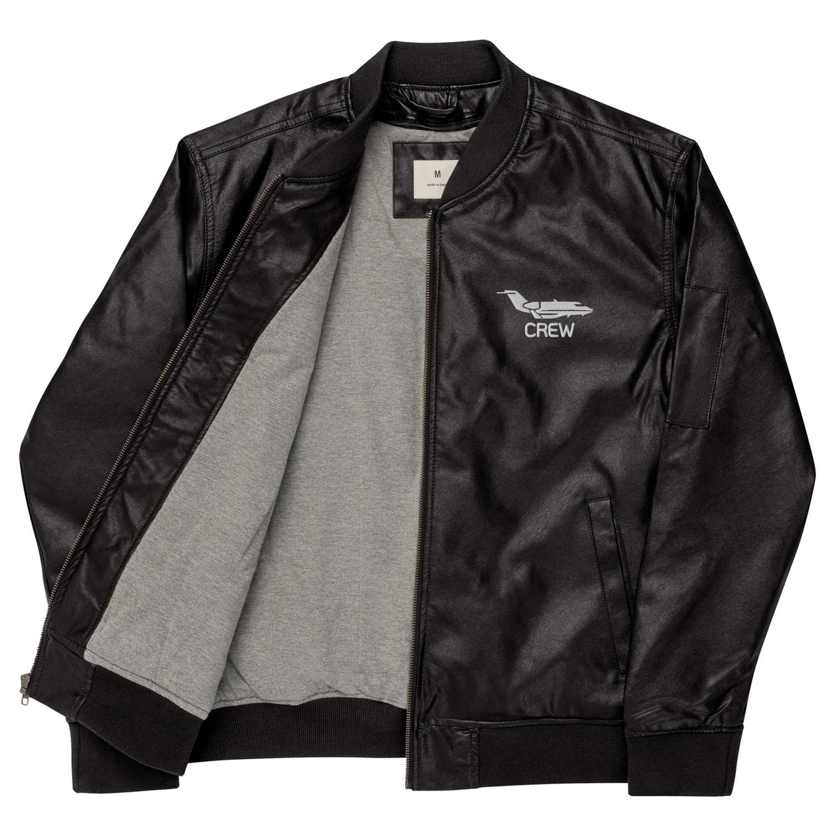 CREW Leather Bomber Jacket in black PU leather with rib-knit collar and utility sleeve pocket