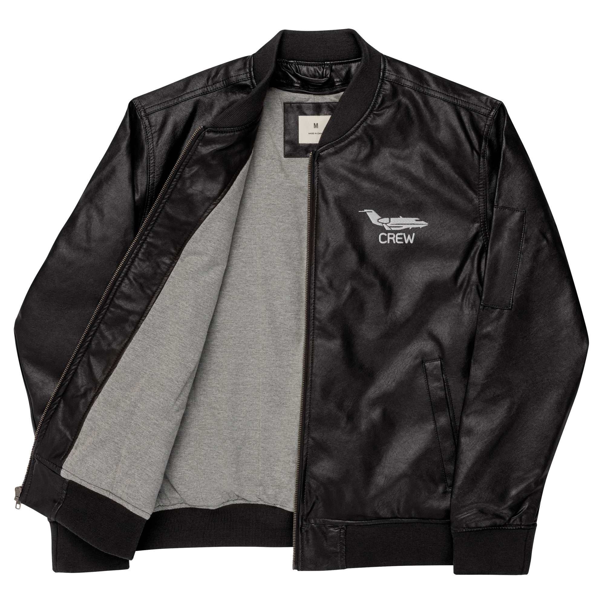 CREW Leather Bomber Jacket in black PU leather with rib-knit collar and utility sleeve pocket