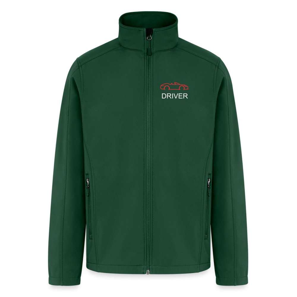 Green soft shell jacket with zippered pockets and "DRIVER" graphic on chest