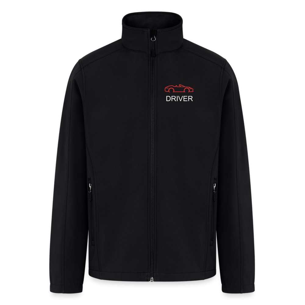 Black soft shell jacket with zipper, customizable driver graphic on chest, water-resistant polyester material.
