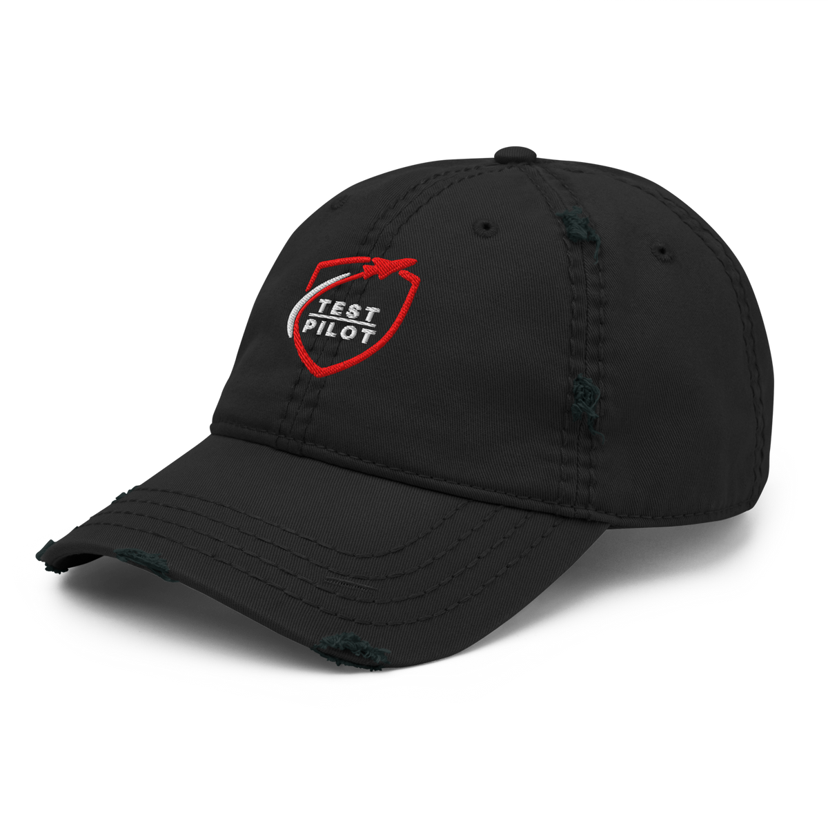 Test Pilot Aviation Hat with distressed brim and logo on a black background.