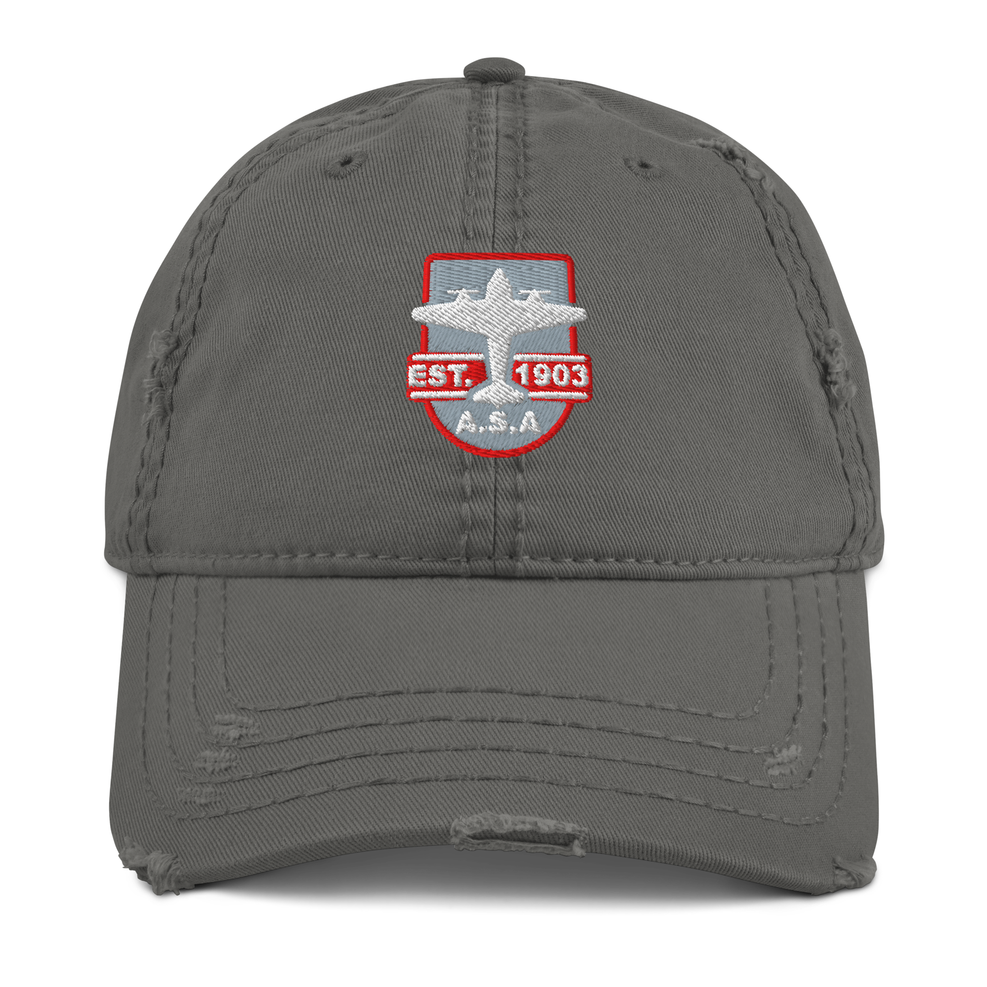 Vintage aviation hat with distressed brim and adjustable strap in cotton twill dad cap style