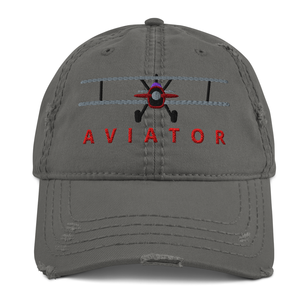 Charcoal grey distressed aviation hat with biplane embroidery