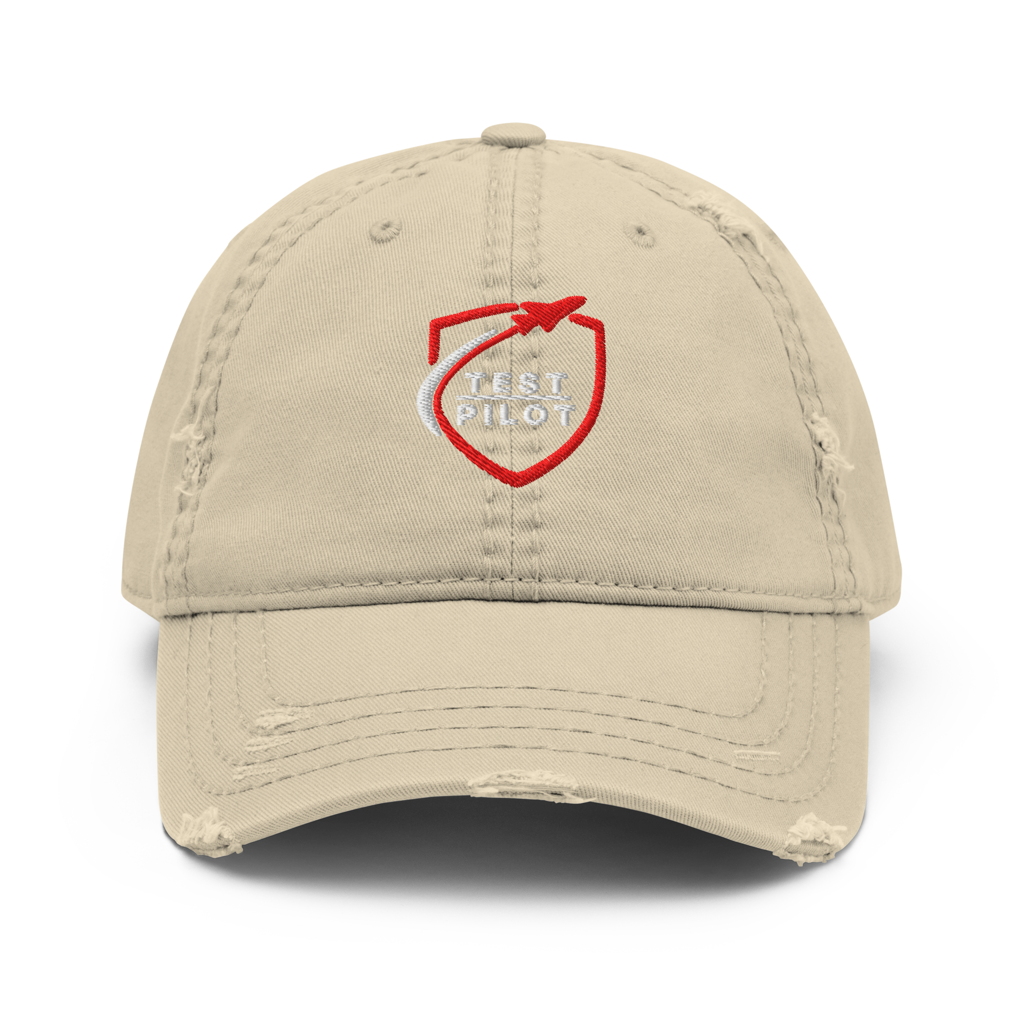 Test Pilot Aviation Hat featuring a distressed design and embroidered logo, perfect for stylish headwear.