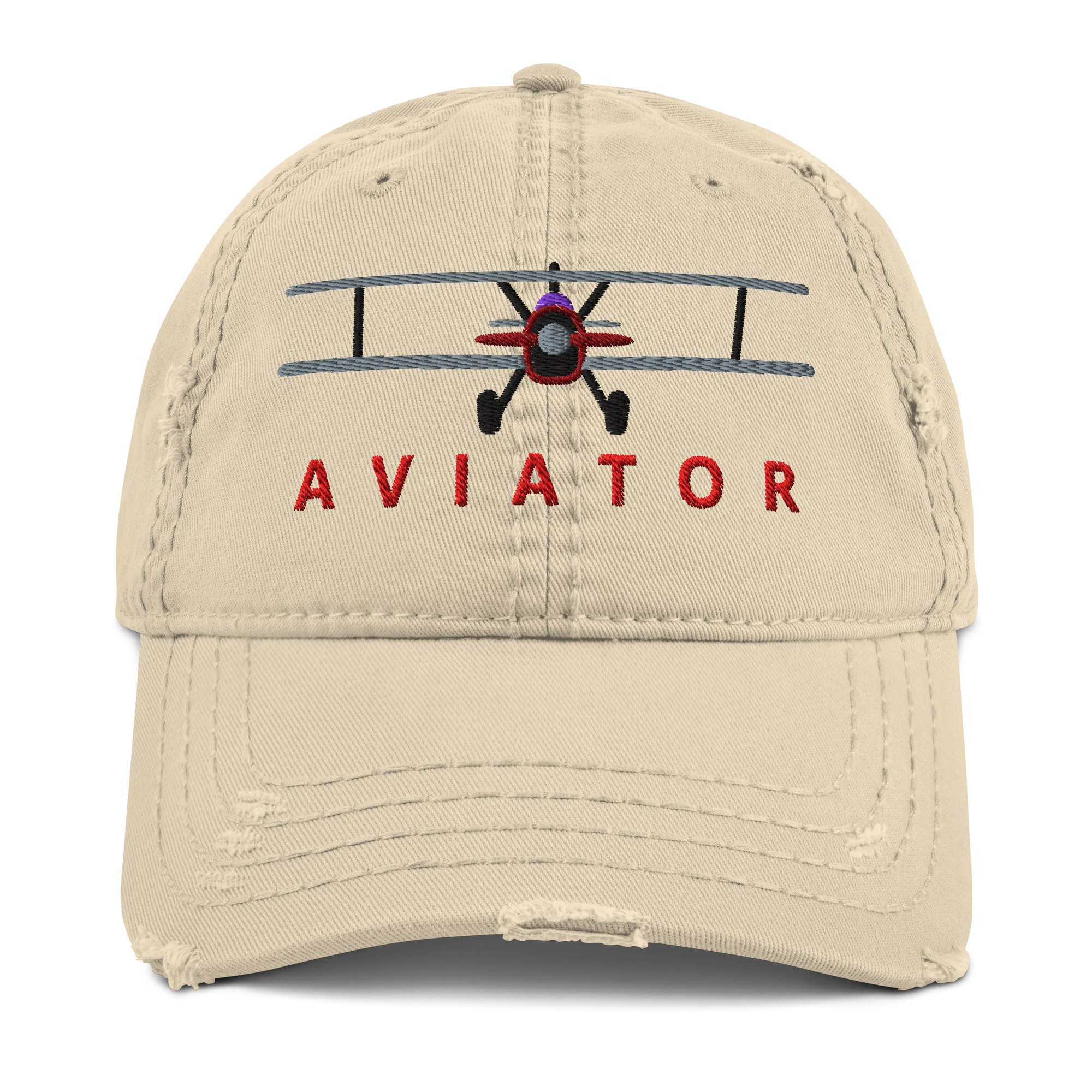 Distressed biplane dad hat in khaki, front view