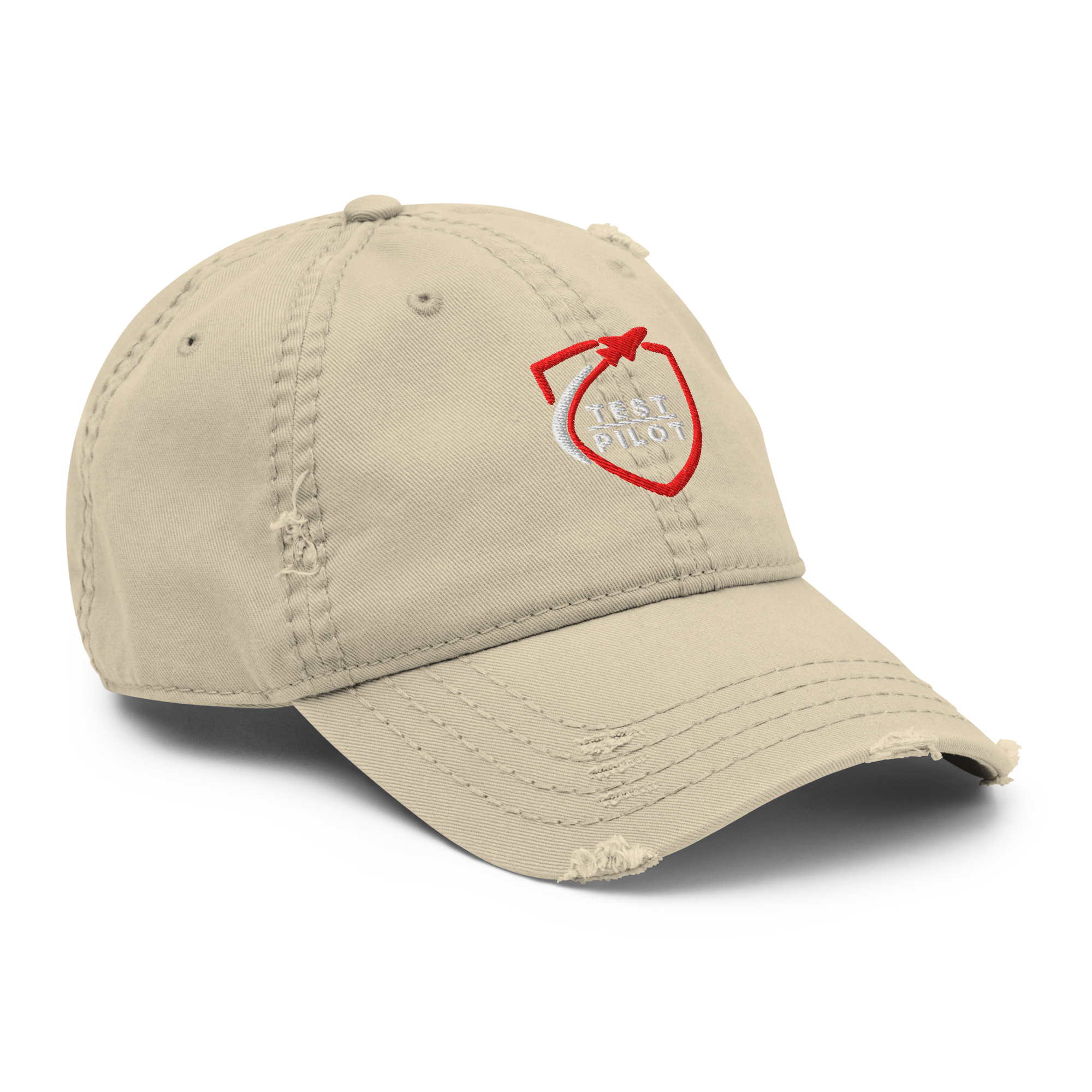 Test Pilot Aviation Hat in beige with distressed brim and logo design.