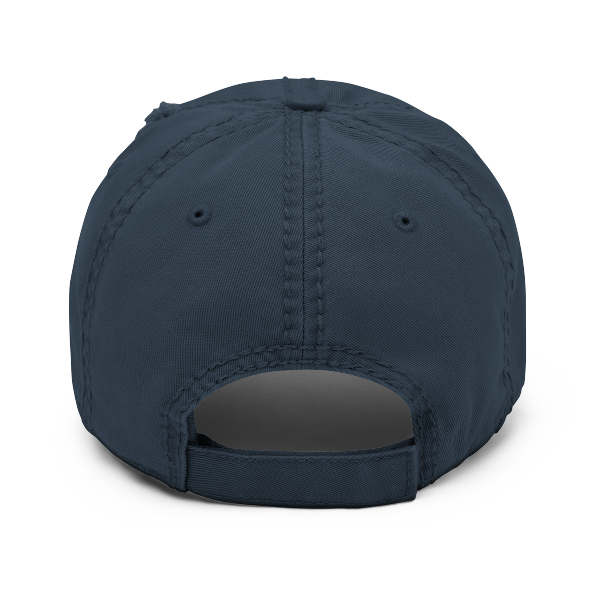 Back view of a distressed aviation dad hat showcasing its unstructured design and fabric details.