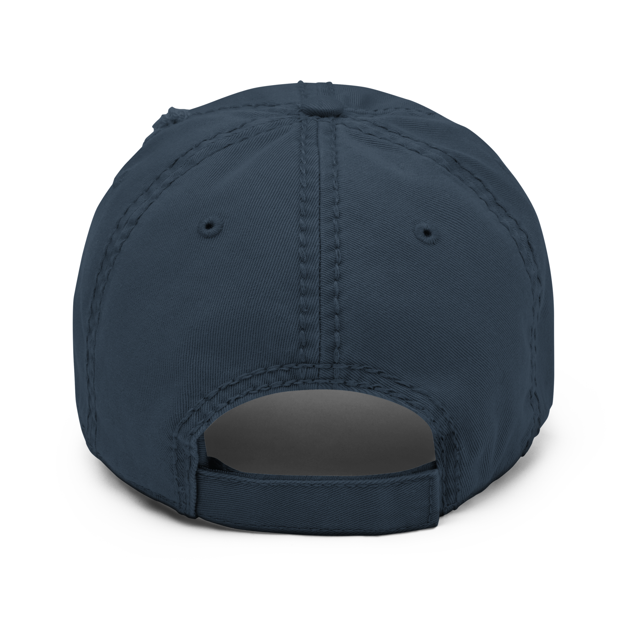 Back view of a distressed aviation dad hat showcasing its unstructured design and fabric details.