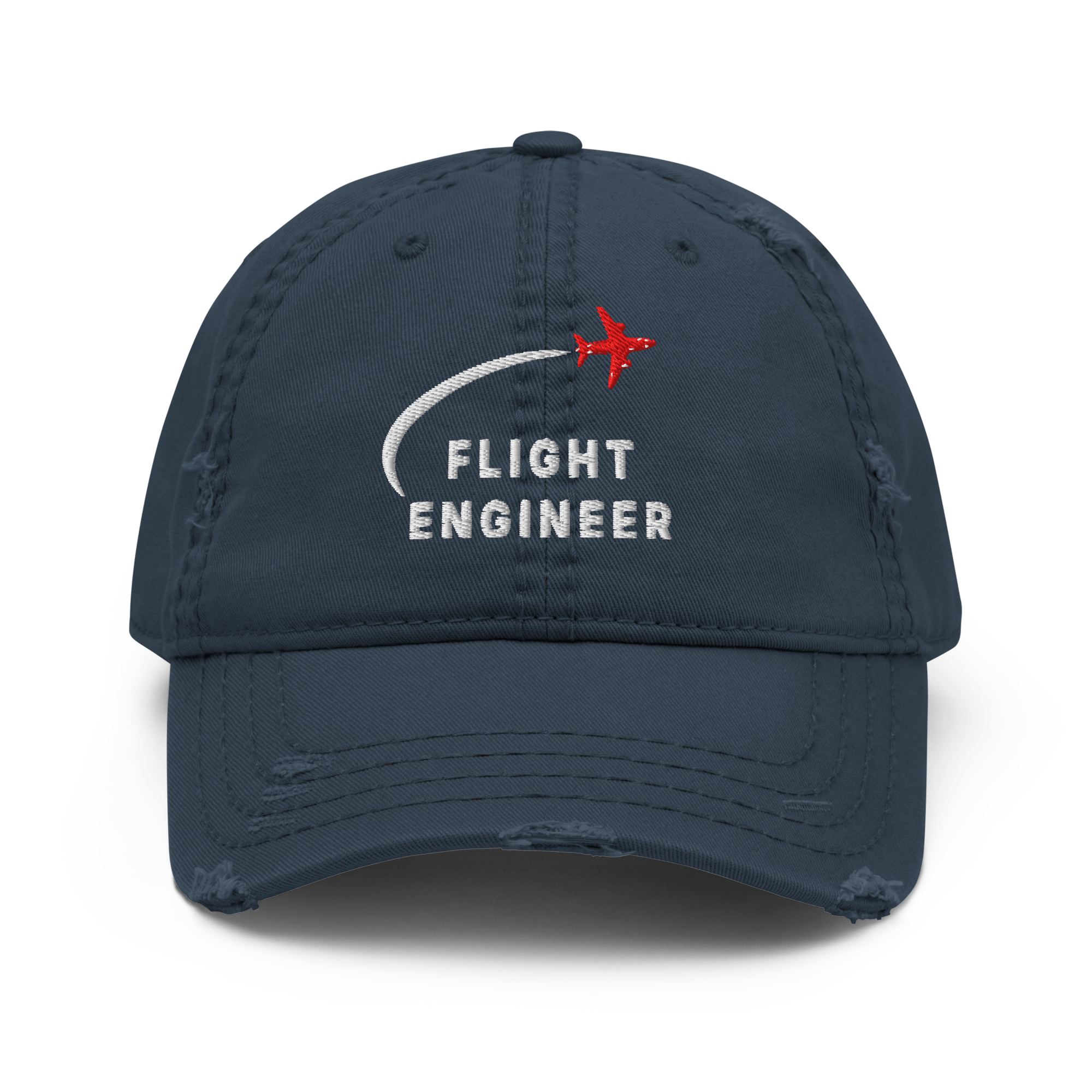 Flight Engineer distressed aviation dad hat with red airplane logo and distressed brim.