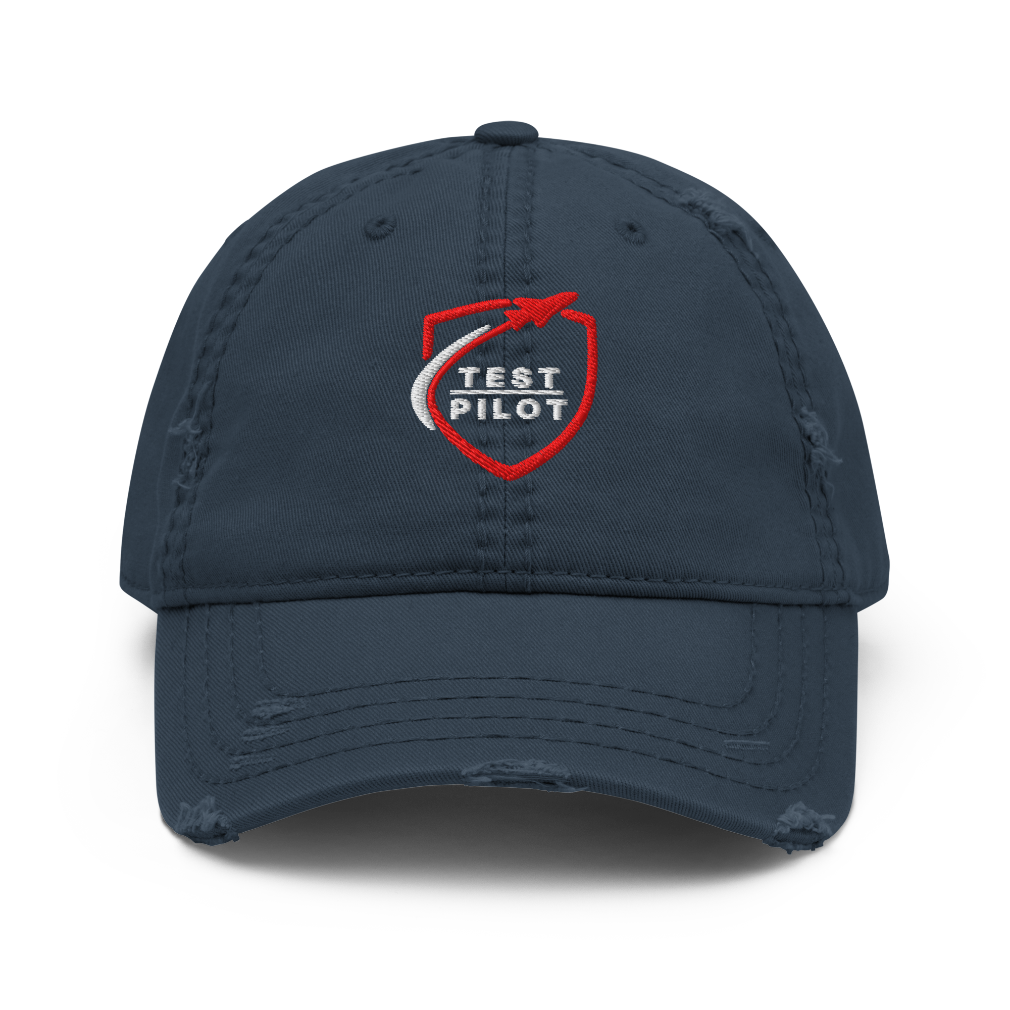 Test Pilot Aviation Hat with distressed design and embroidered logo on a navy blue cotton twill cap.