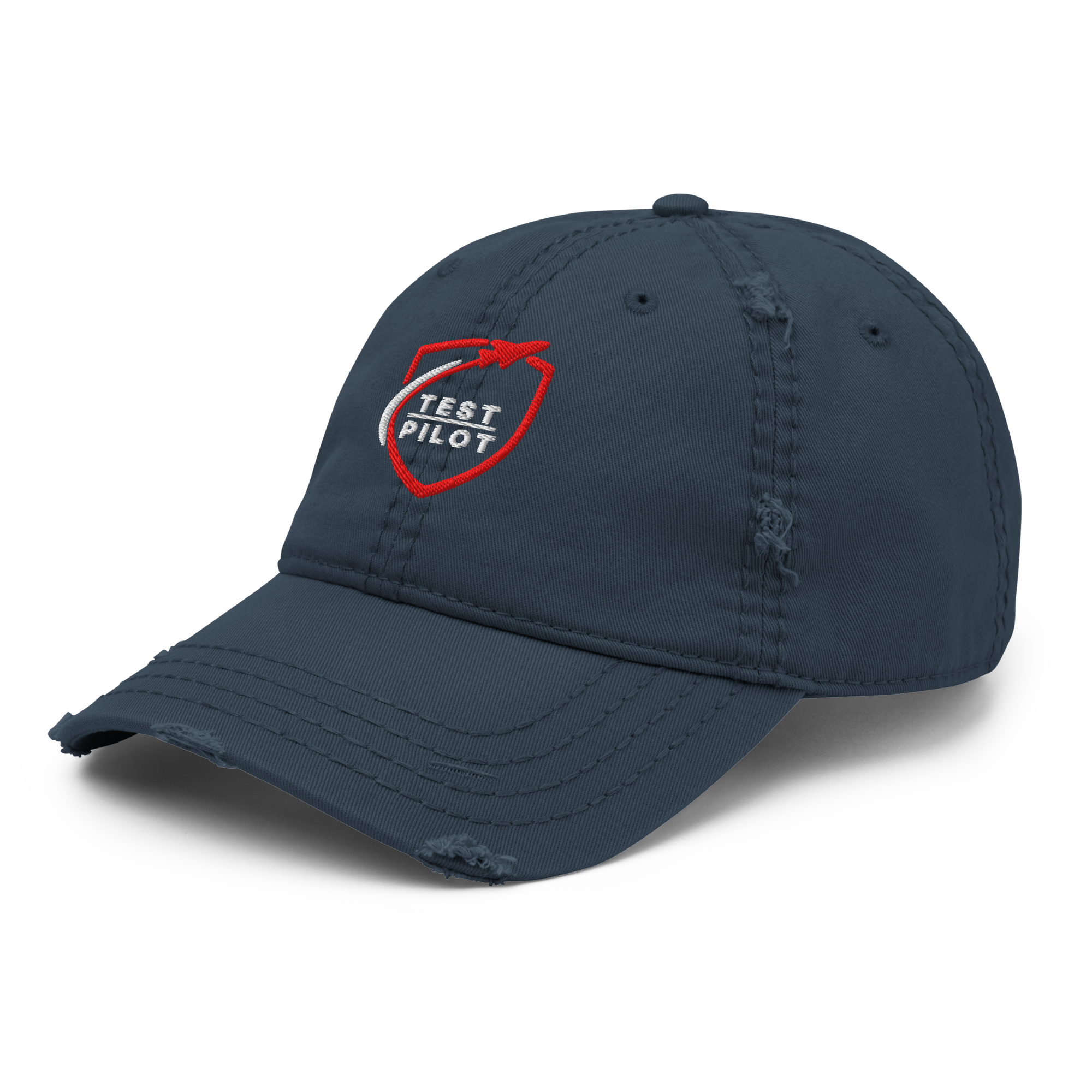 Test Pilot Aviation Hat in navy with distressed brim and crown, featuring a red shield logo on the front.