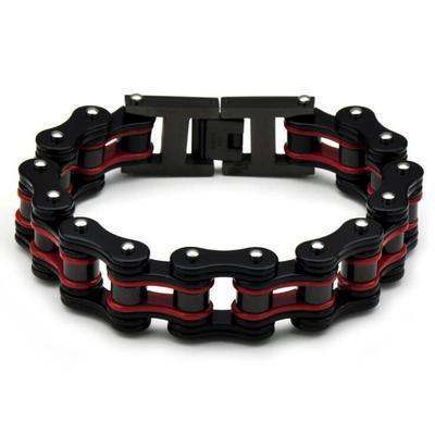 colorful motorcycle chain bracelet featuring a black and red design, mimicking a bike chain for riders.