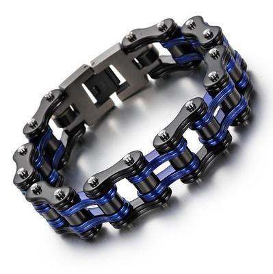 Colorful motorcycle chain bracelet showcasing black and blue design, capturing the essence of motorcycle culture.