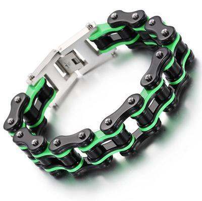 Colorful motorcycle chain bracelet featuring a durable design in green and black colors.
