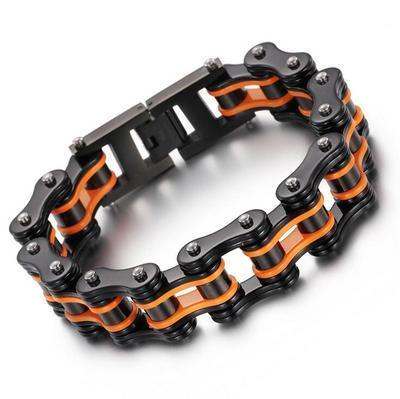 Colorful motorcycle chain bracelet with black and orange accents, inspired by motorcycle culture.