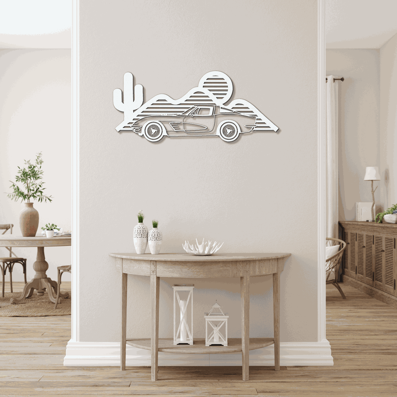 Corvette silhouette metal wall art in modern room decor with desert and mountain design