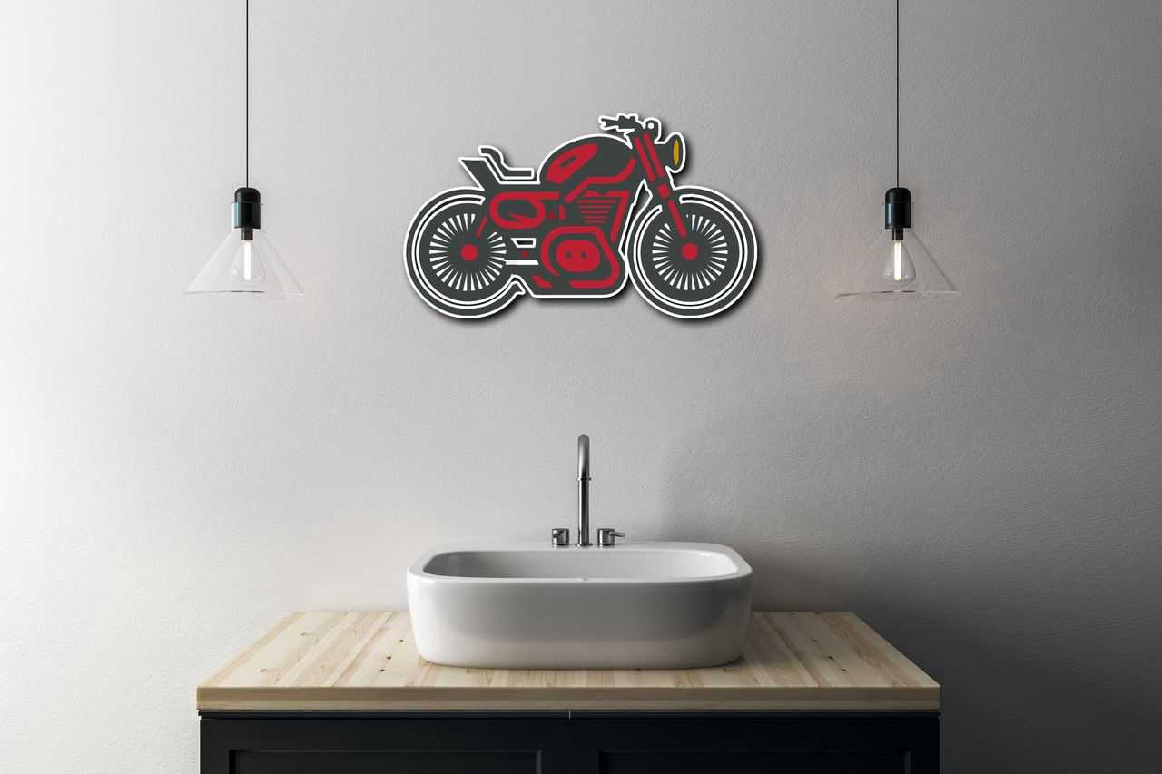 Red and black multicolor motorcycle metal wall art above bathroom sink with modern lighting