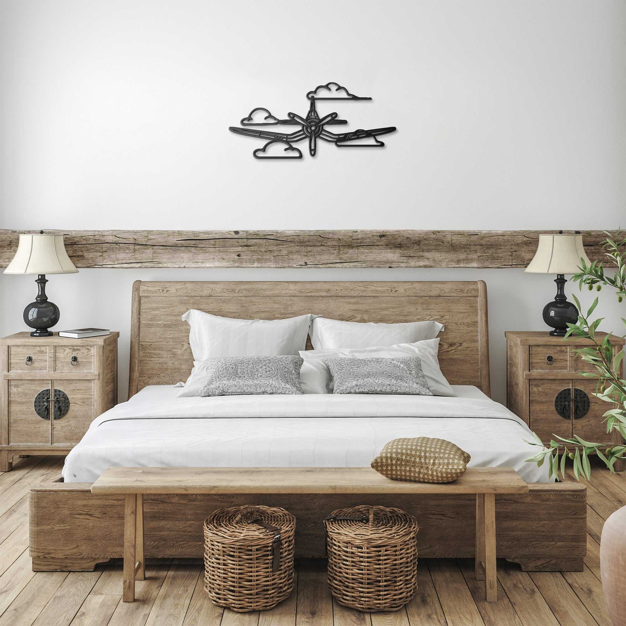 F4U Clouds WWII Corsair metal wall art silhouette hanging above bed in rustic bedroom