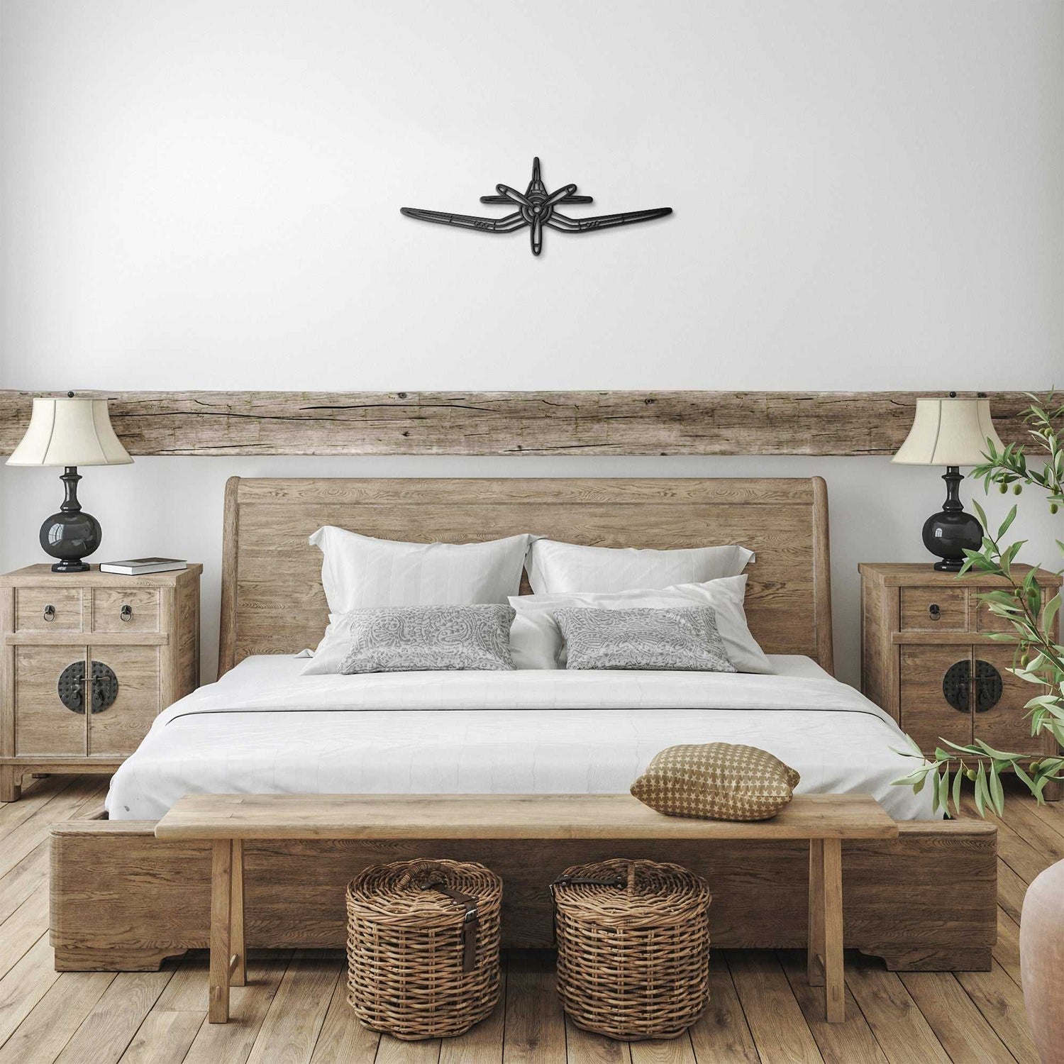 F4U Corsair Metal Sign aircraft silhouette wall decor above bed in rustic bedroom
