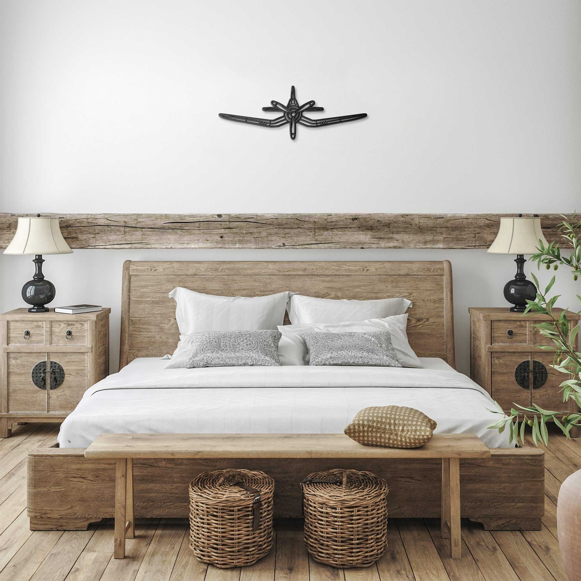 F4U Corsair Metal Sign aircraft silhouette wall decor above bed in rustic bedroom