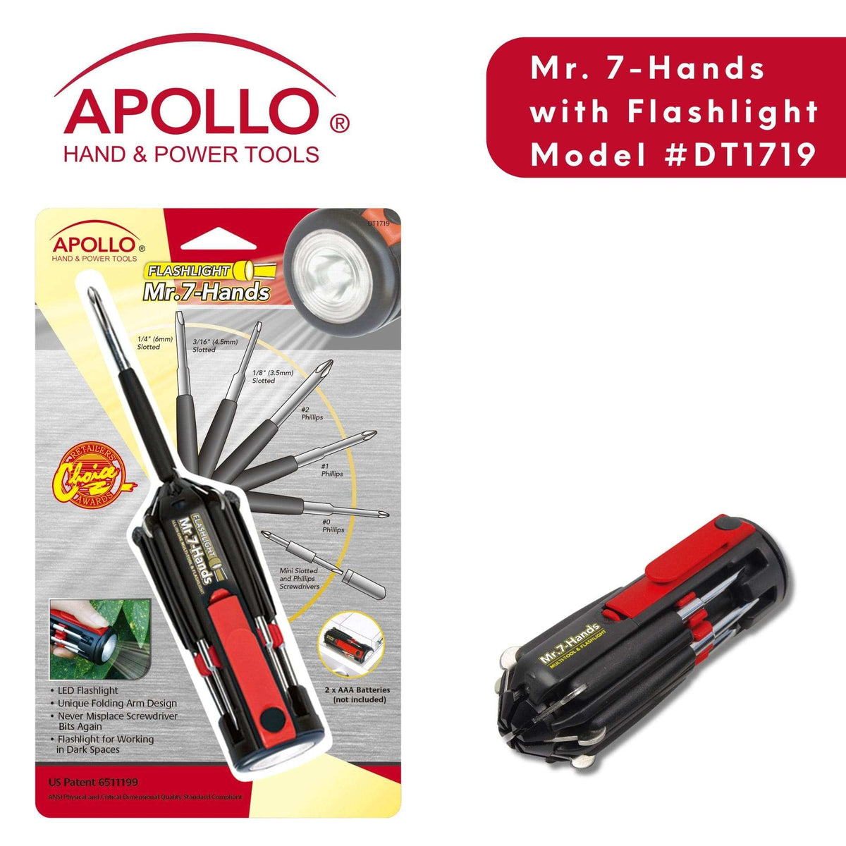 Compact Mr. 7-Hands multi-screwdriver with eight tips and LED flashlight by Apollo Tools