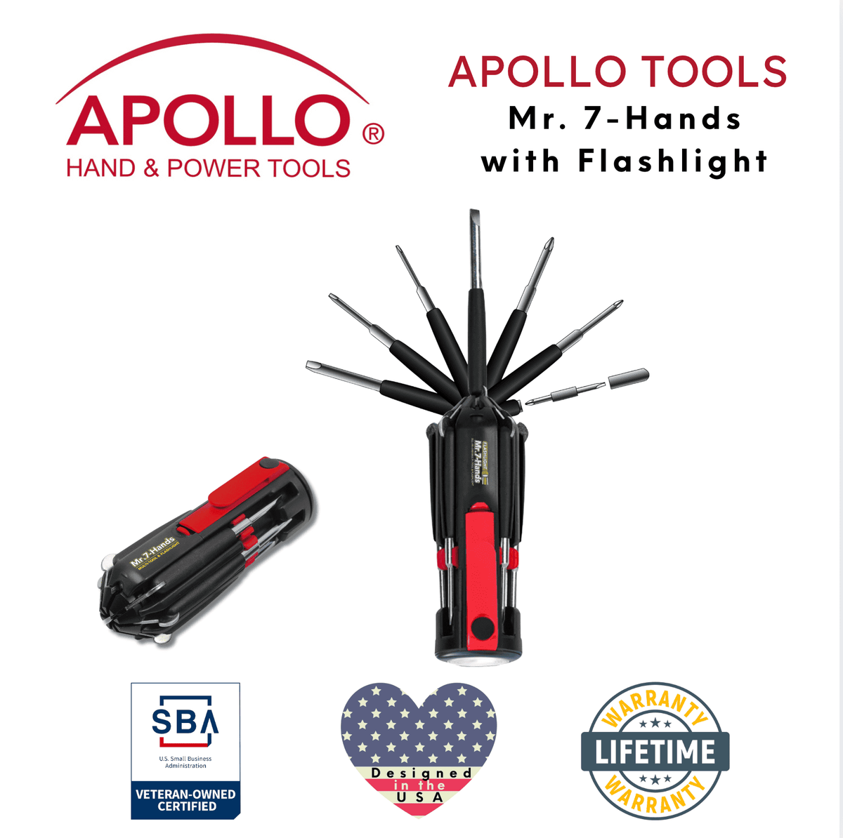 Compact Mr. 7-Hands multi-screwdriver with 8 tips and powerful LED flashlight