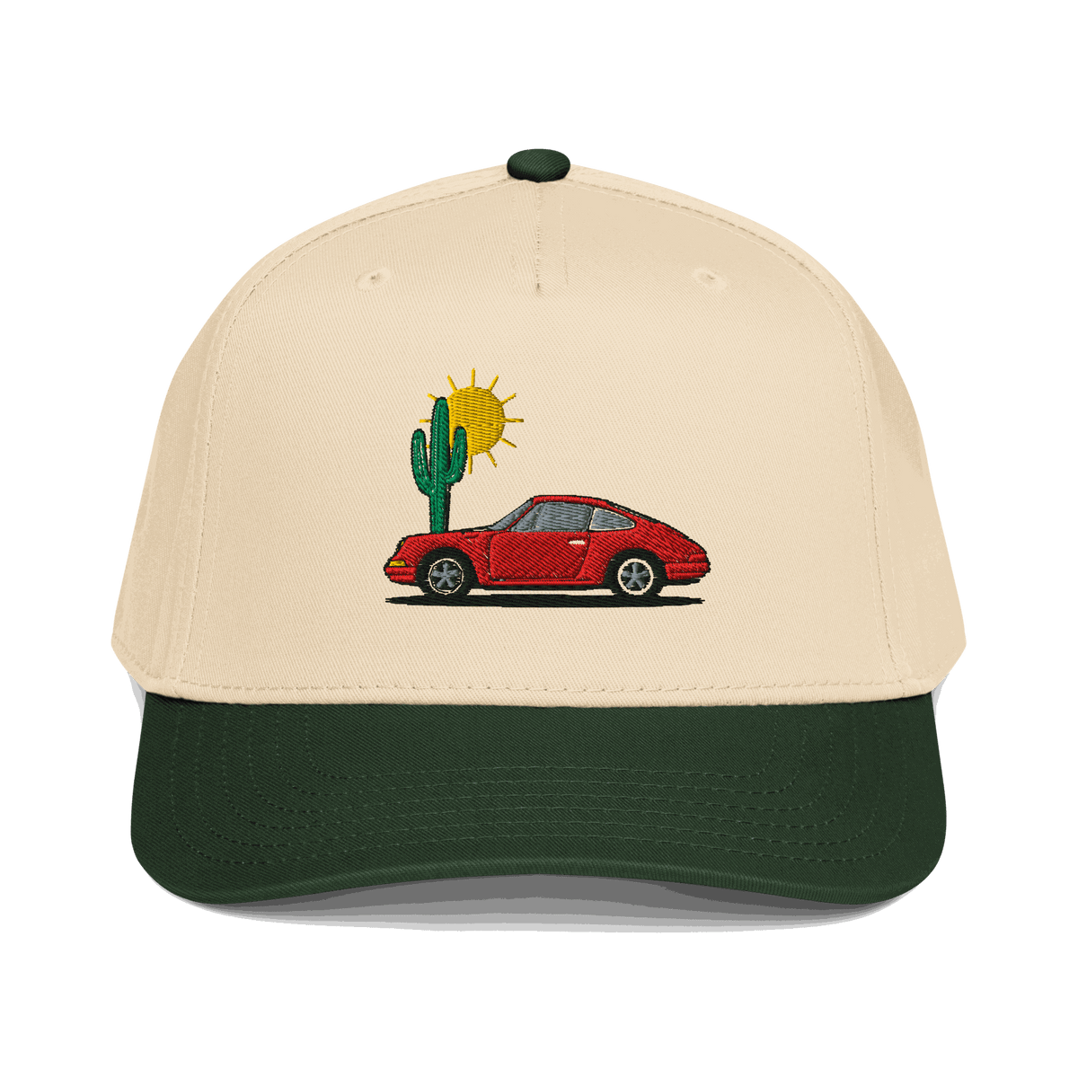 Limited edition Golf Rope Hat with red sports car and cactus embroidery, beige crown, and dark green brim