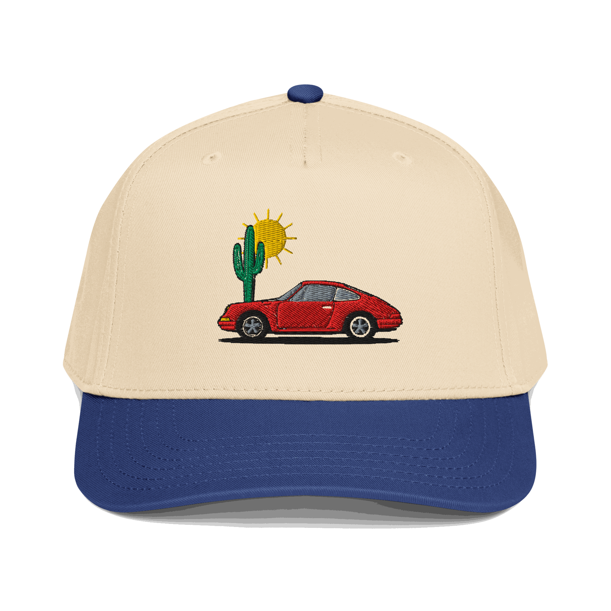Limited edition golf rope hat with red sports car and sunset embroidery, beige crown, and blue brim