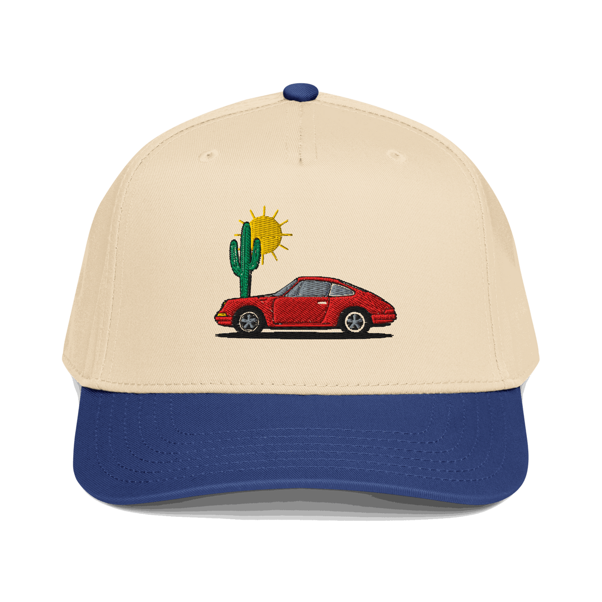 Limited edition golf rope hat with red sports car and sunset embroidery, beige crown, and blue brim
