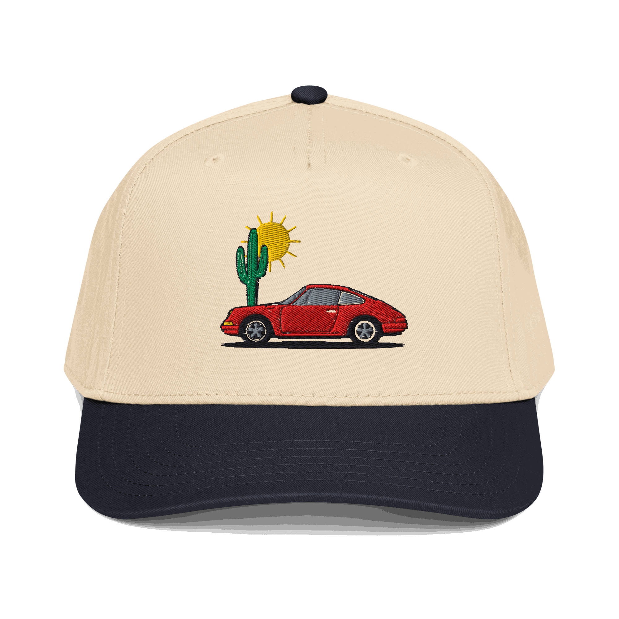 Limited edition beige and black golf rope hat with embroidered red sports car, cactus, and sun design