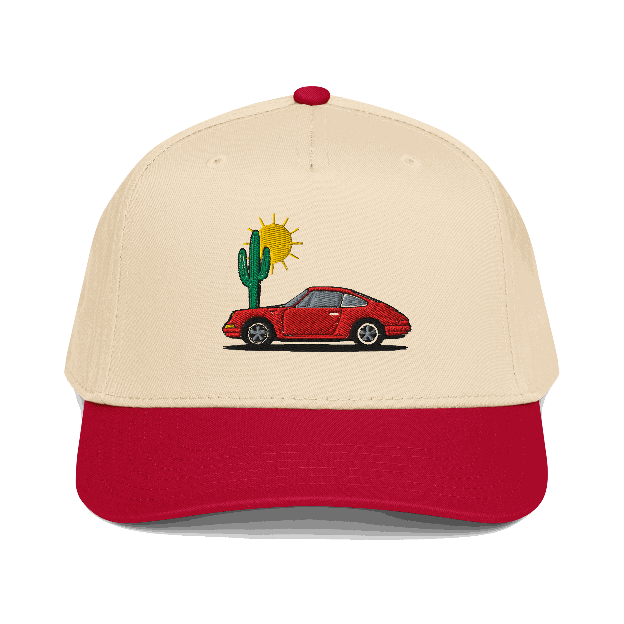 limited edition golf rope hat with red sports car and cactus embroidery, cream and red color scheme, adjustable strap golf cap