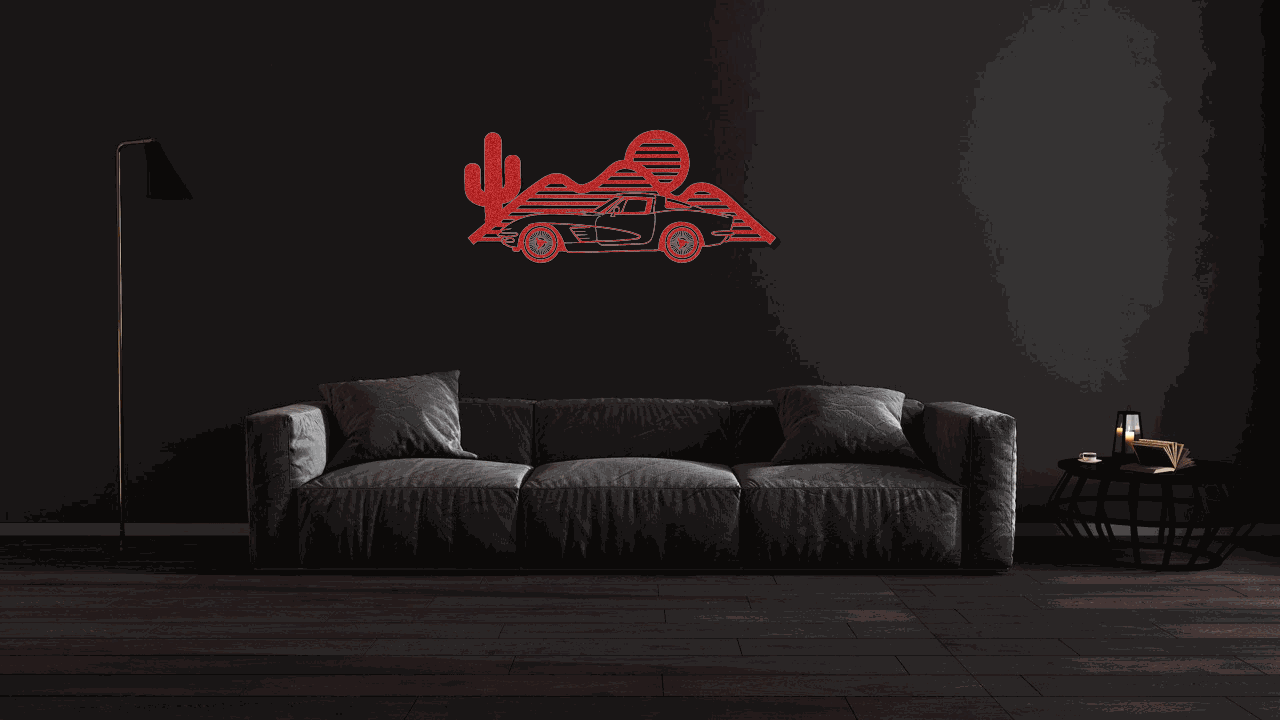 Corvette silhouette wall art laser-cut metal sign in matte black for garages and man caves