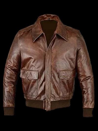 A2 aviator bomber jacket in distressed brown leather with a shirt-style collar and rib-knitted hemline.